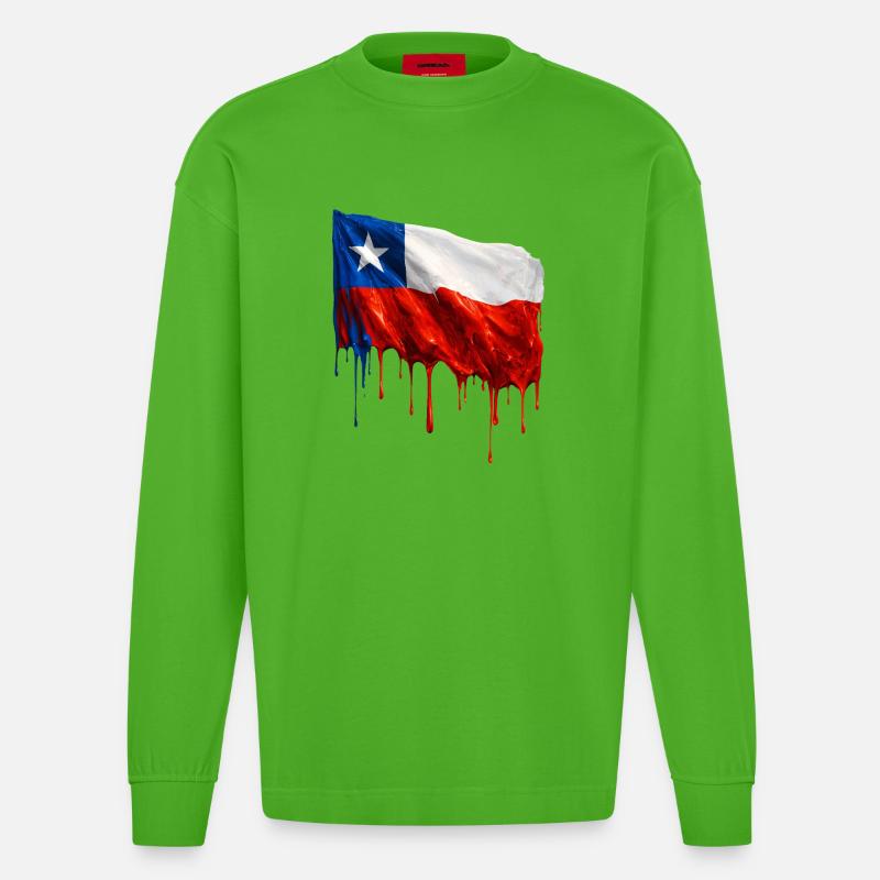 Chile Flag Dripping Solid - Heavyweight Oversized Organic Longsleeve Shirt Made in EU - Apple Neon