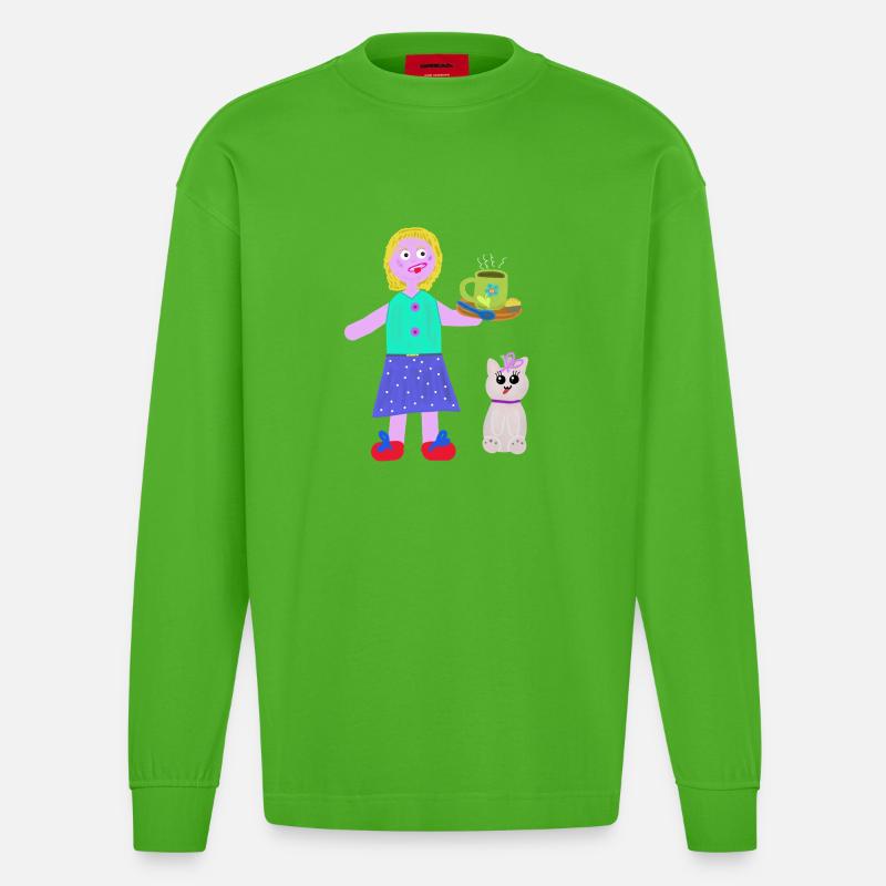 Fröhliche Mädchen Kaffee Praline Katze - Heavyweight Oversized Organic Langarmshirt Made in EU - Apple Neon