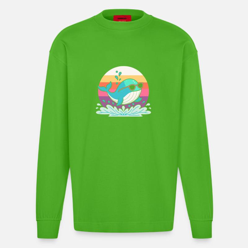 Baleine Surf Arc en Ciel Rétro - Manches longues bio épais oversize fabriqué en UE - Apple Neon