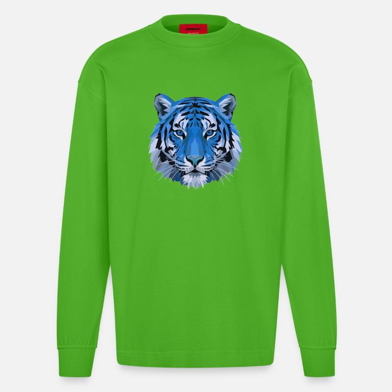 Blauer Polygon-Tiger Kopf - Heavyweight Oversized Organic Langarmshirt Made in EU - Apple Neon