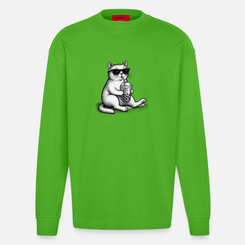 Bubble Tea Katze - Heavyweight Oversized Organic Langarmshirt Made in EU - Apple Neon