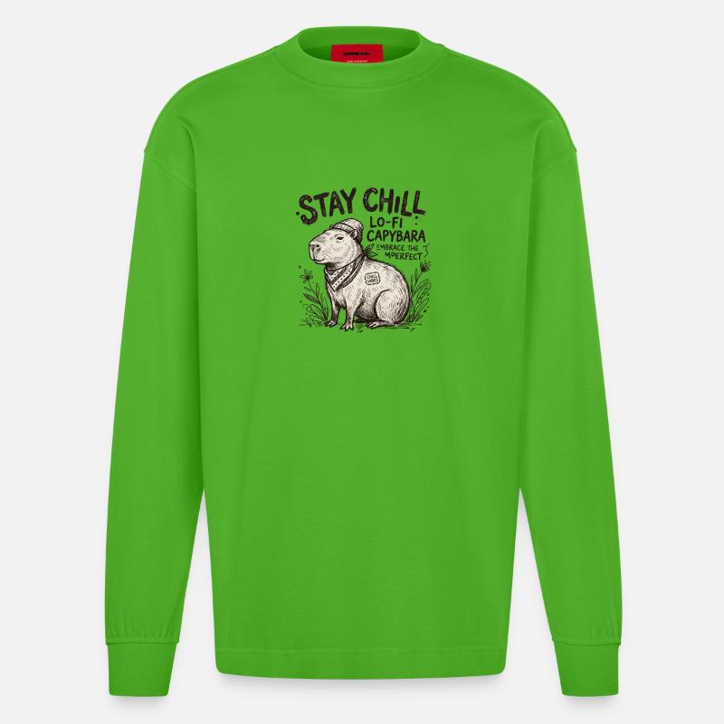 Œuvres LoFi de Capybara Chill - Manches longues bio épais oversize fabriqué en UE - Apple Neon