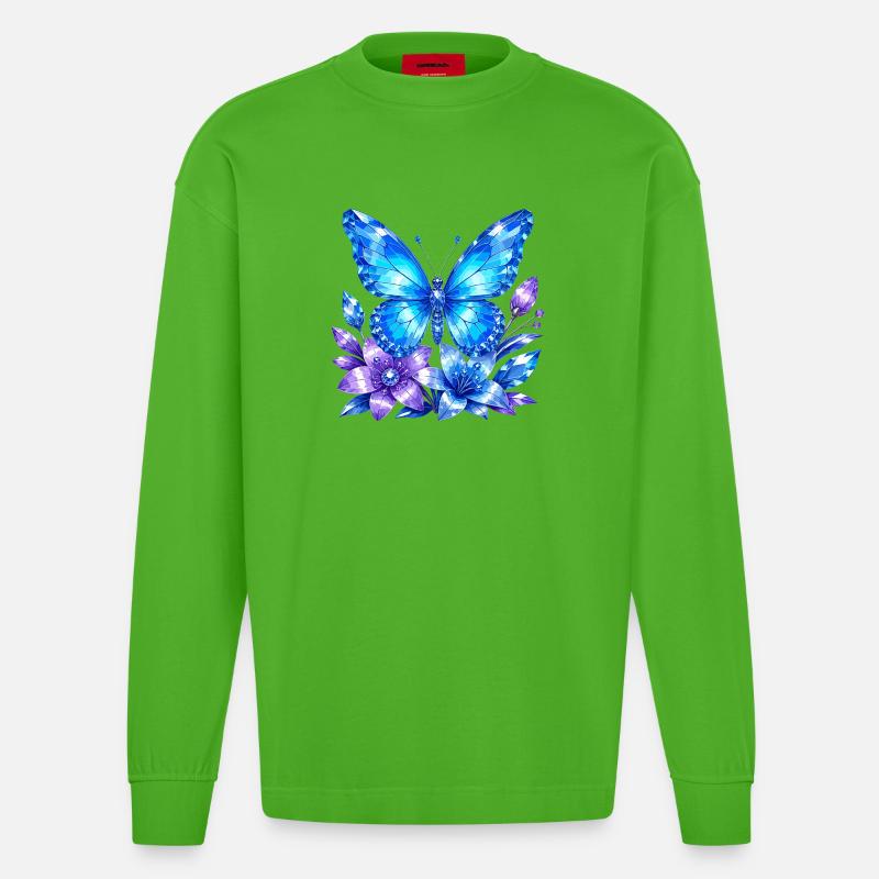 Blauer Schmetterling mit Lavendelblüten - Heavyweight Oversized Organic Langarmshirt Made in EU - Apple Neon