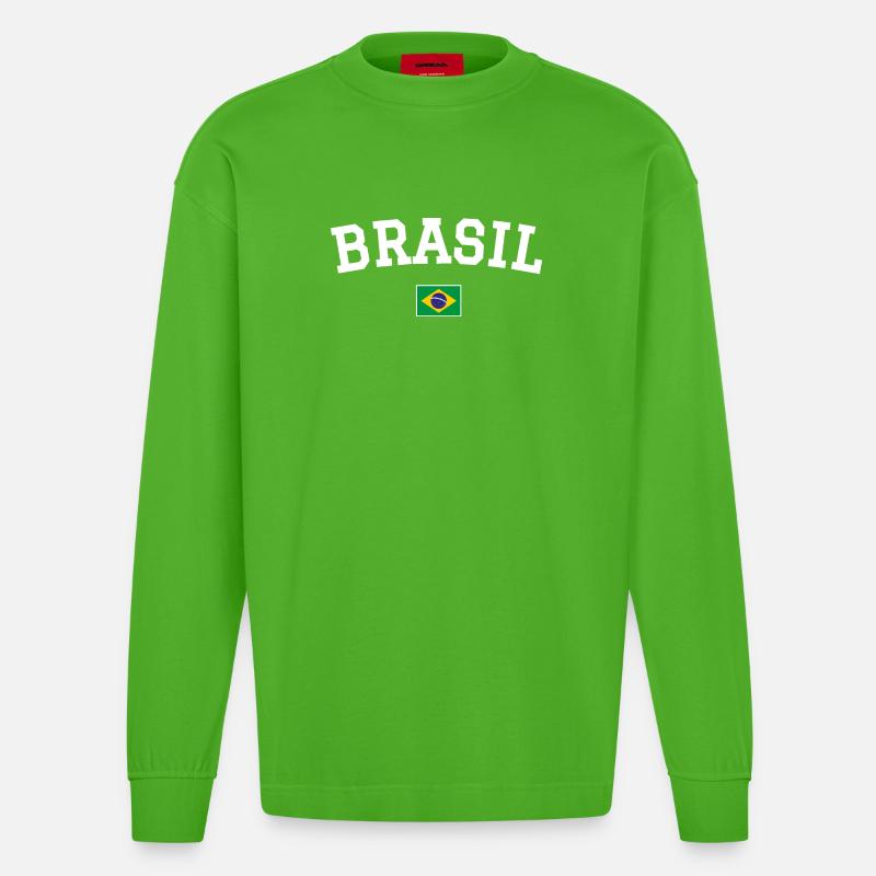Drapeau du Brésil Dessin blanc - Manches longues bio épais oversize fabriqué en UE - Apple Neon
