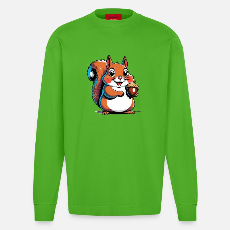 Niedlicher Eichhörnchen Druck mit Eichel - Heavyweight Oversized Organic Langarmshirt Made in EU - Apple Neon