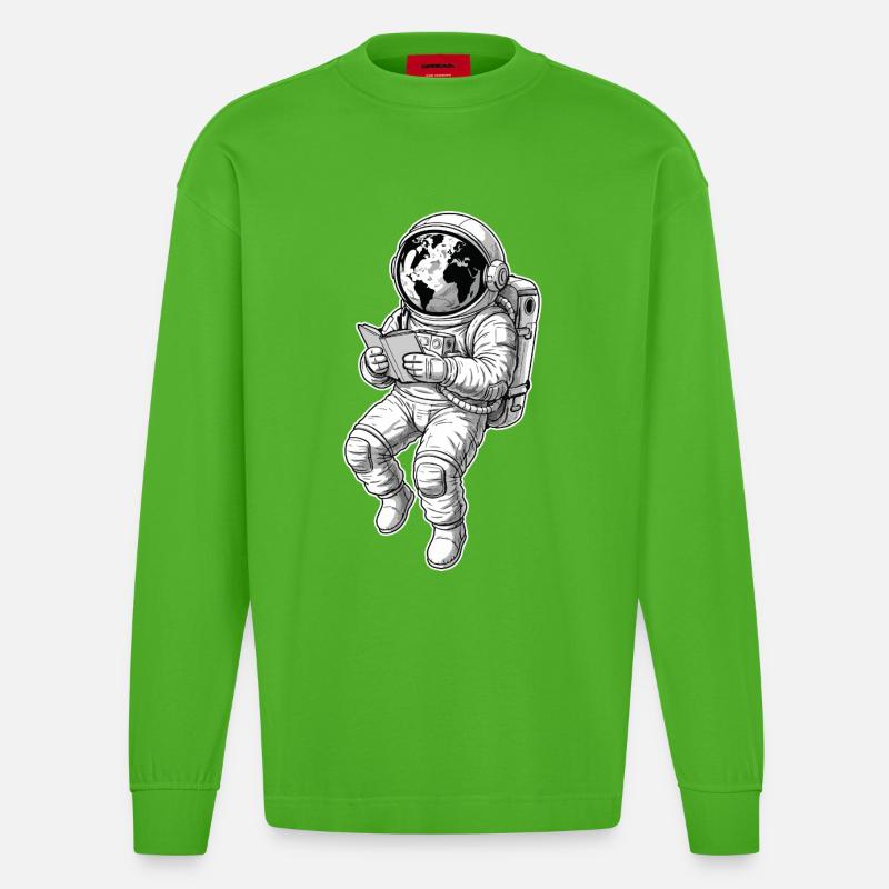 Astronaut Reading Space Earth - Heavyweight Oversized Organic Langarmshirt Made in EU - Apple Neon