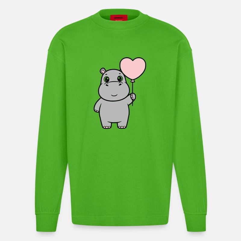 Süßes Nilpferd Herz Ballon Liebe - Heavyweight Oversized Organic Langarmshirt Made in EU - Apple Neon