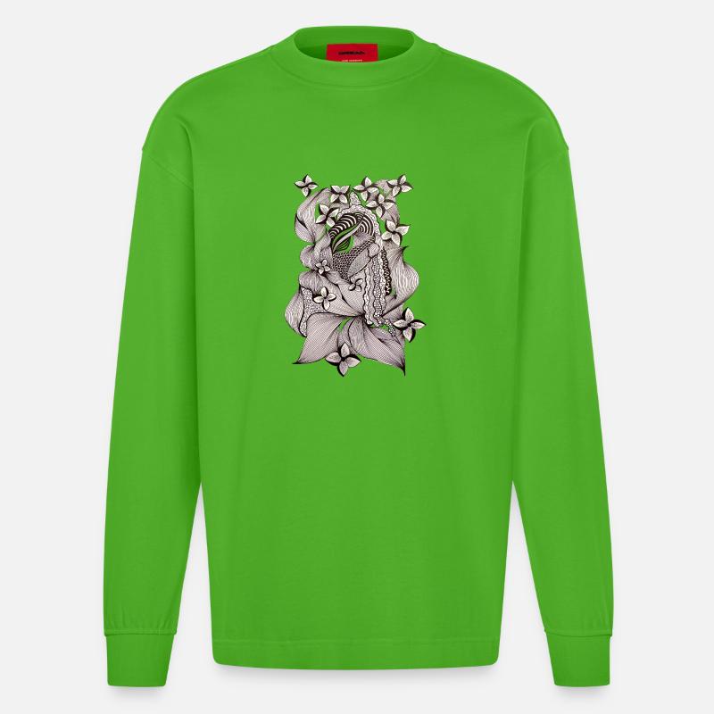 Zentangle Blumenmuster Schwarzweiß - Heavyweight Oversized Organic Langarmshirt Made in EU - Apple Neon