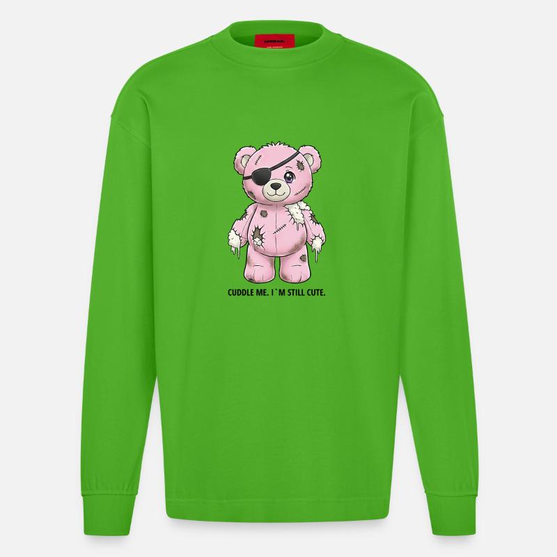 Patchwork Pinker Teddybär mit Augenklappe - Heavyweight Oversized Organic Langarmshirt Made in EU - Apple Neon