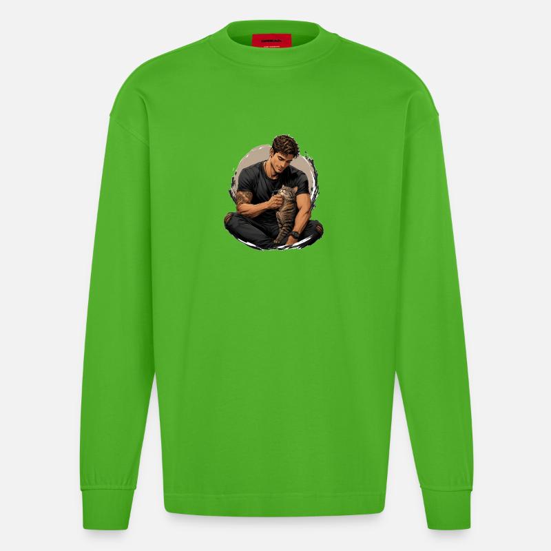 Mann mit Katze: stille Nähe - Heavyweight Oversized Organic Langarmshirt Made in EU - Apple Neon