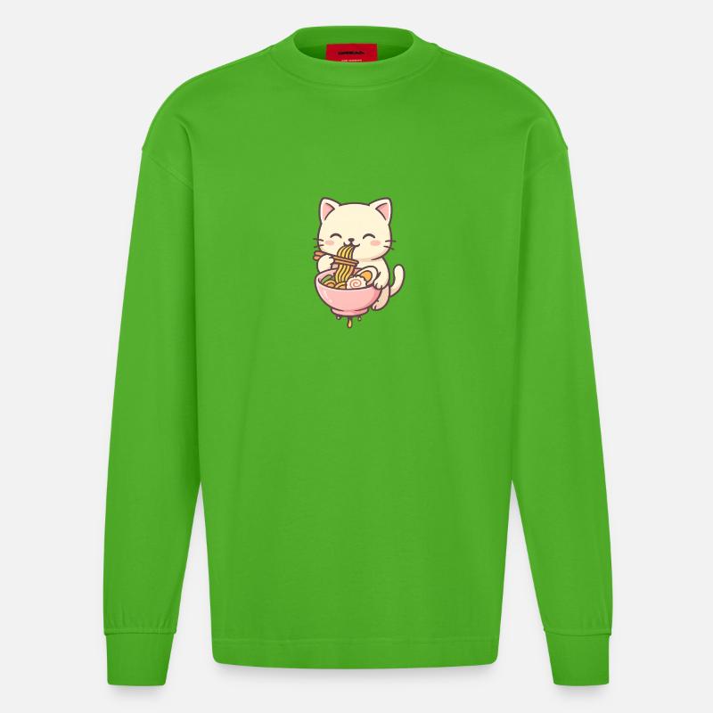 Chats mignons avec conception de salade de pâtes - Manches longues bio épais oversize fabriqué en UE - Apple Neon