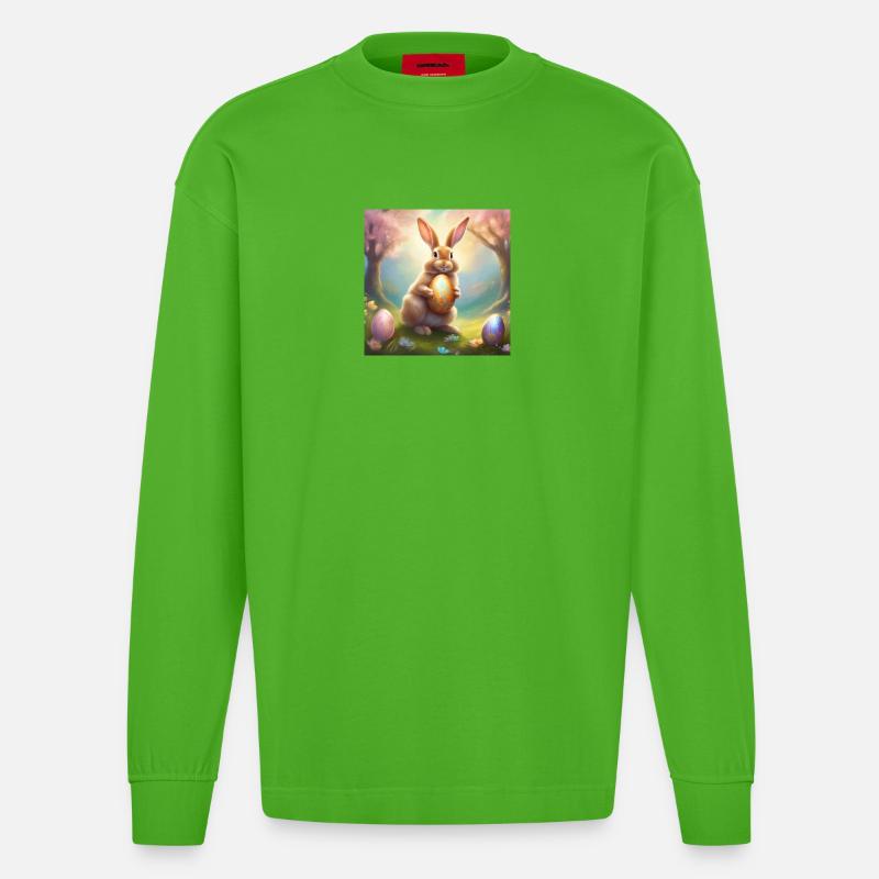 Spring bunny with gold Easter egg - Heavyweight Oversized Organic Longsleeve Shirt Made in EU - Apple Neon