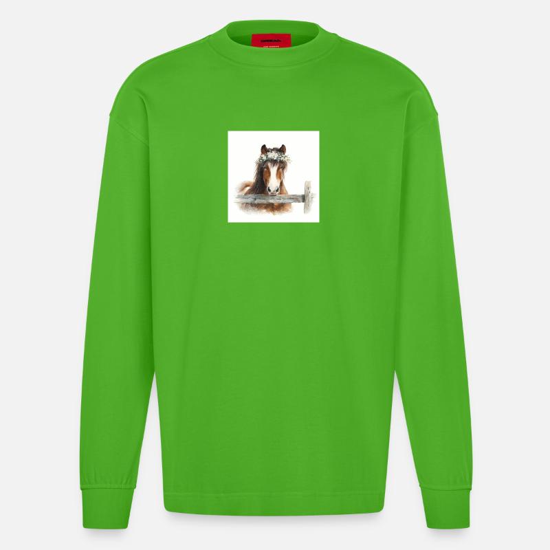 Blütengekrontes Pferd - Heavyweight Oversized Organic Langarmshirt Made in EU - Apple Neon