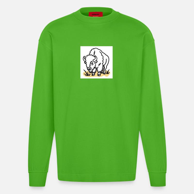 Bisons sur herbe jaune - Manches longues bio épais oversize fabriqué en UE - Apple Neon