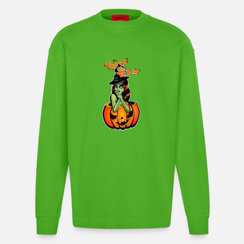 Süßes oder Saures Hexe im Kürbis - Heavyweight Oversized Organic Langarmshirt Made in EU - Apple Neon