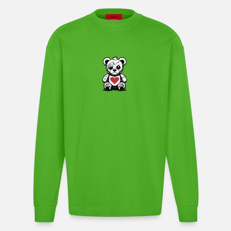 Grumpy Teddy with a good Heart - Heavyweight Oversized Organic Longsleeve Shirt Made in EU - Apple Neon