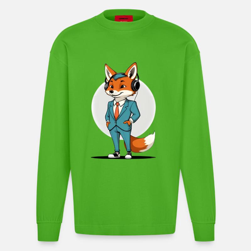 Fuchs im Anzug mit Kopfhörern - Heavyweight Oversized Organic Langarmshirt Made in EU - Apple Neon