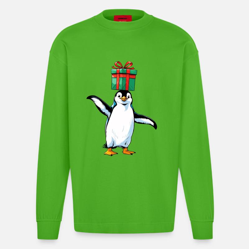 Pinguin mit Geschenk auf Kopf - Heavyweight Oversized Organic Langarmshirt Made in EU - Apple Neon