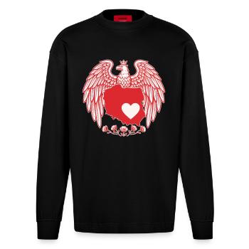 Polish Eagle Heart Map Design - Heavyweight Oversized Organic Longsleeve Shirt Made in EU - SOLID BLACK - Front
