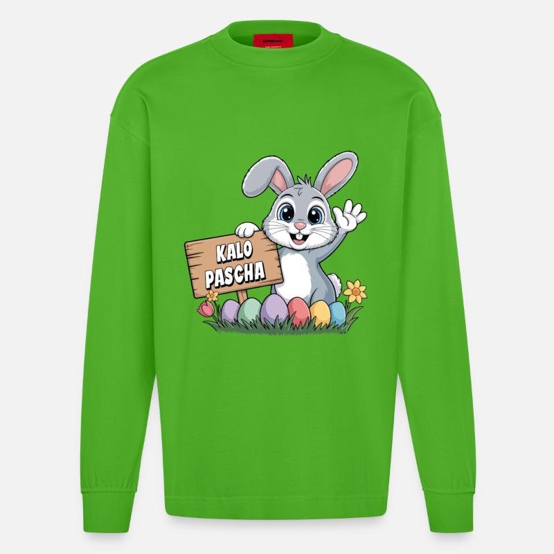 Kalo Pascha Easter Rabbit Greek Easter - Heavyweight Oversized Organic Longsleeve Shirt Made in EU - Apple Neon