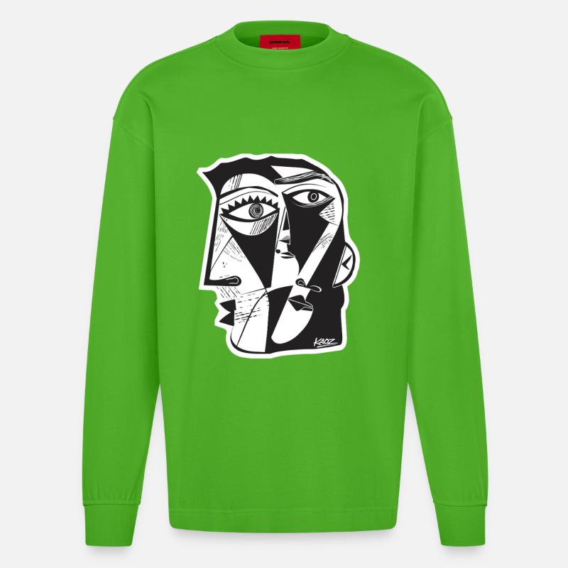 Cubist Face Linework - Heavyweight Oversized Organic Longsleeve Shirt Made in EU - Apple Neon