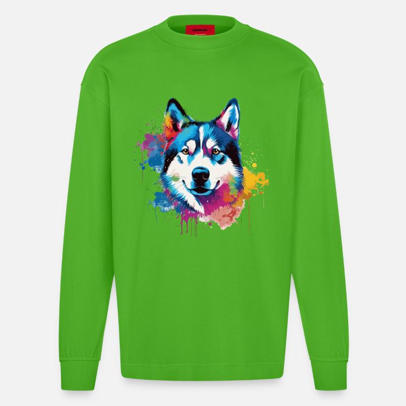 Bunter Husky Splash Art Hund - Heavyweight Oversized Organic Langarmshirt Made in EU - Apple Neon