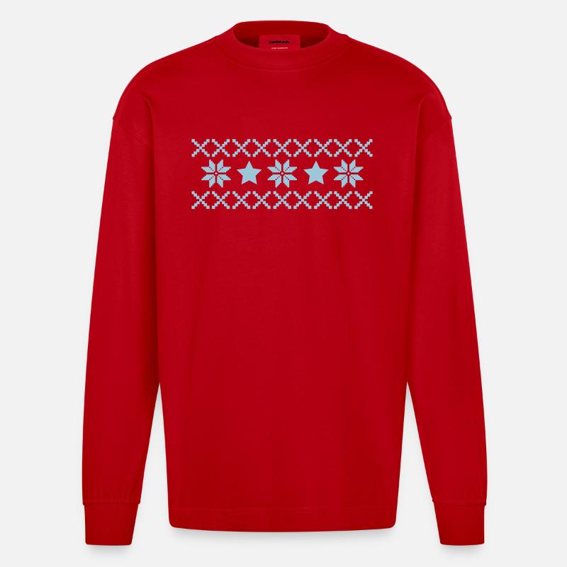 Winter Norway Pattern - Heavyweight Oversized Organic Longsleeve Shirt Made in EU - red
