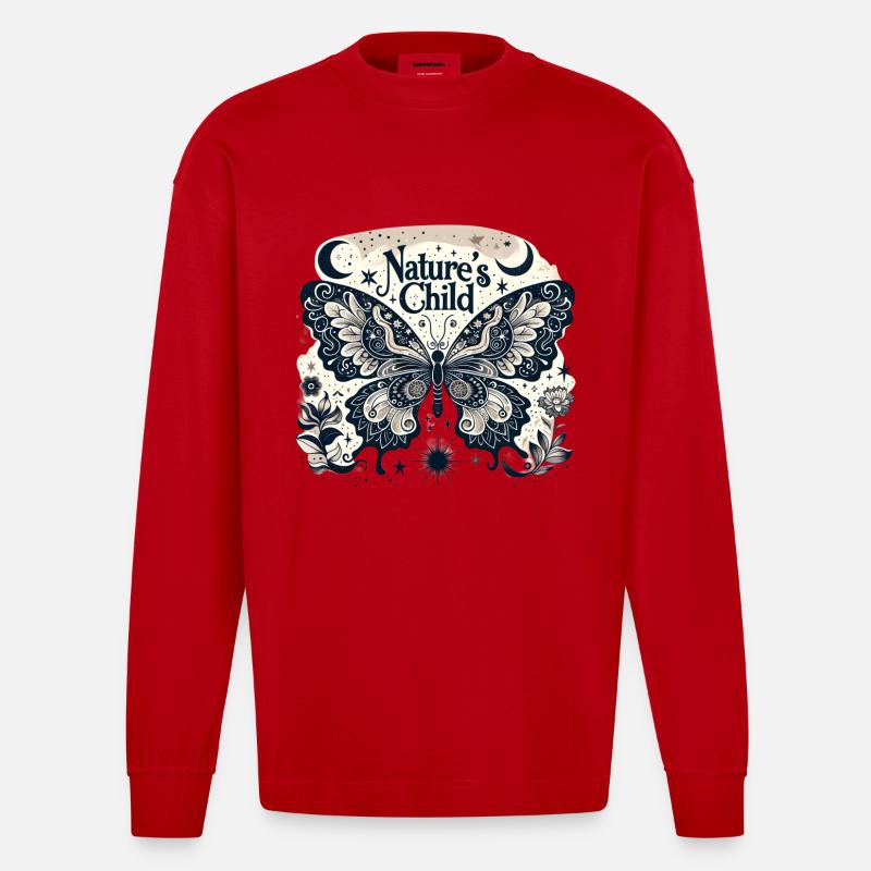 Nature's Child Schmetterling Muster - Heavyweight Oversized Organic Langarmshirt Made in EU - Rot