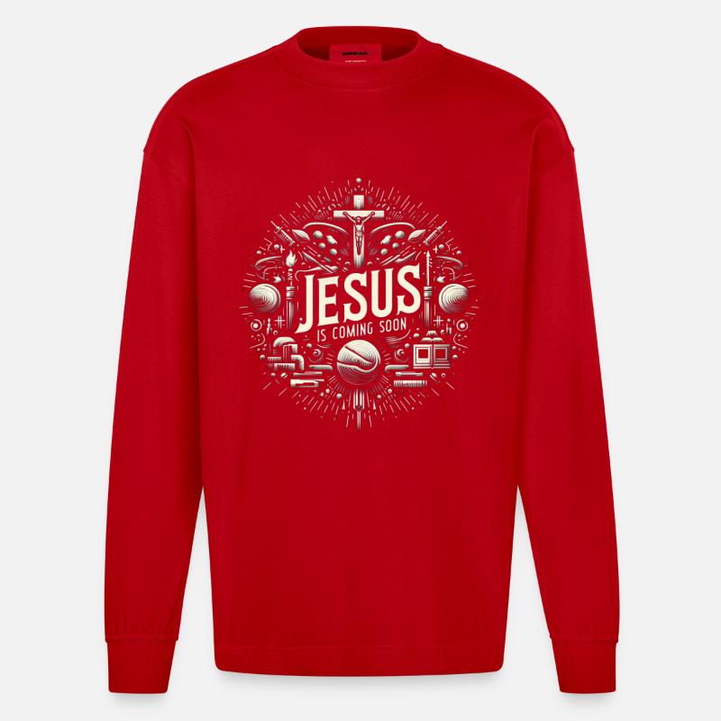 Jésus arrive bientôt Cercle Cosmique - Manches longues bio épais oversize fabriqué en UE - rouge