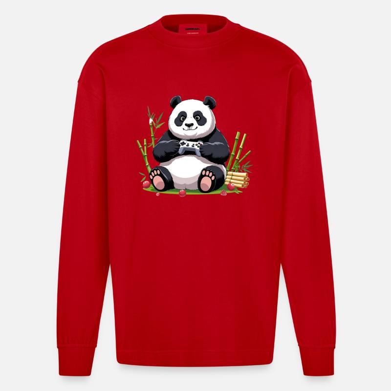 Niedlicher Panda mit Gaming-Controller - Heavyweight Oversized Organic Langarmshirt Made in EU - Rot