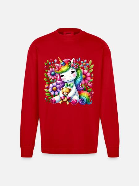 Regenbogen Einhorn Blumentraum - Heavyweight Oversized Organic Langarmshirt Made in EU - Rot