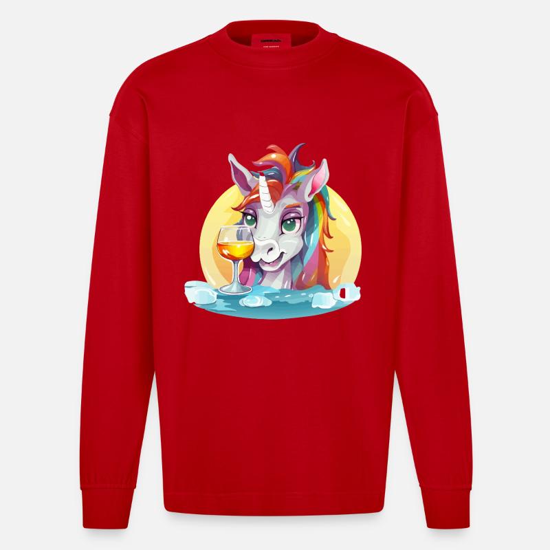 Buntes Einhorn mit Wein - Heavyweight Oversized Organic Langarmshirt Made in EU - Rot