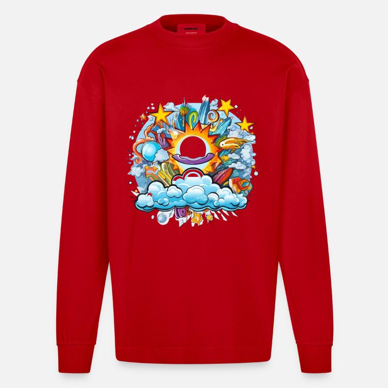 Cosmic Solar Flight Doodle - Heavyweight Oversized Organic Longsleeve Shirt Made in EU - red