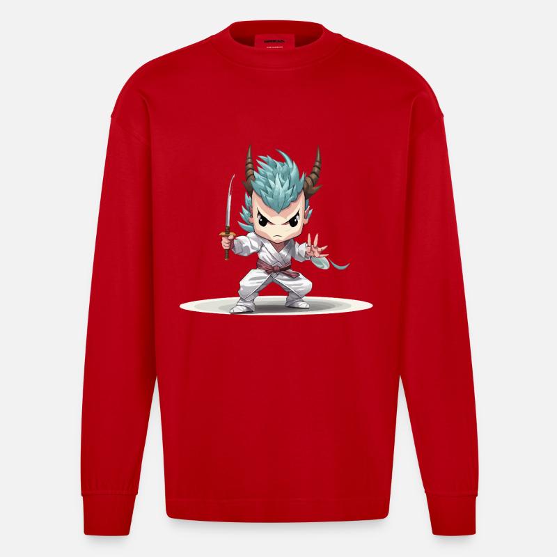 Chibi Warrior with Katana - Heavyweight Oversized Organic Longsleeve Shirt Made in EU - red