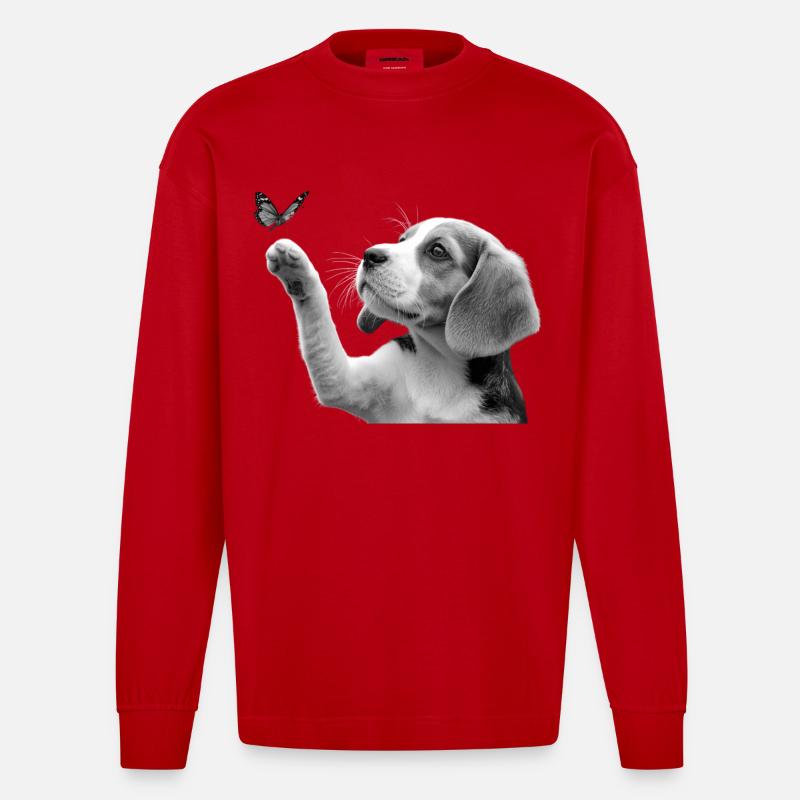 Chiot beagle et papillon - Manches longues bio épais oversize fabriqué en UE - rouge