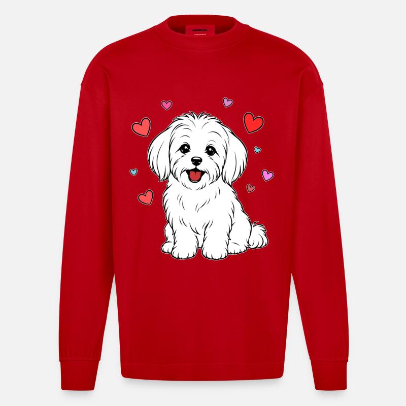 Malteser_Hund_sitzend_Herz_weiss - Heavyweight Oversized Organic Langarmshirt Made in EU - Rot