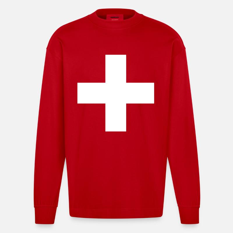 Drapeau suisse Suisse Croix - Manches longues bio épais oversize fabriqué en UE - rouge