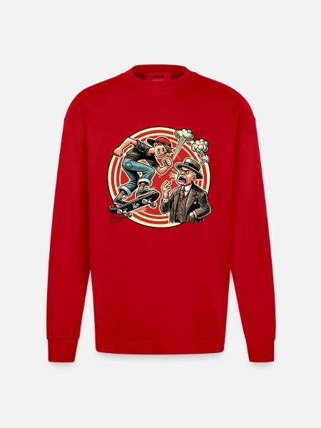 Skater boy on skateboard annoys the citizen grandpa - Heavyweight Oversized Organic Longsleeve Shirt Made in EU - red