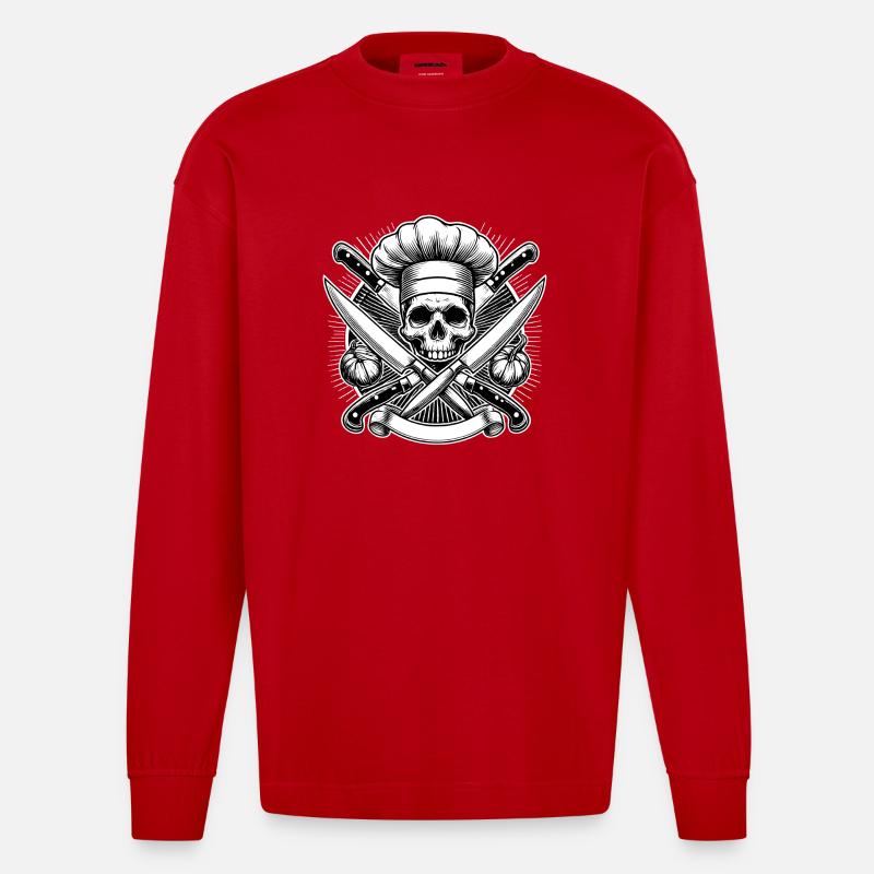 Logo du crâne de chef - Manches longues bio épais oversize fabriqué en UE - rouge