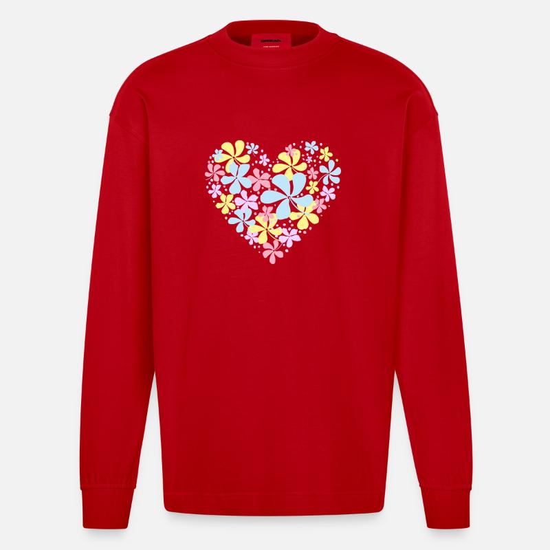 Blumen-Herz - Heavyweight Oversized Organic Langarmshirt Made in EU - Rot