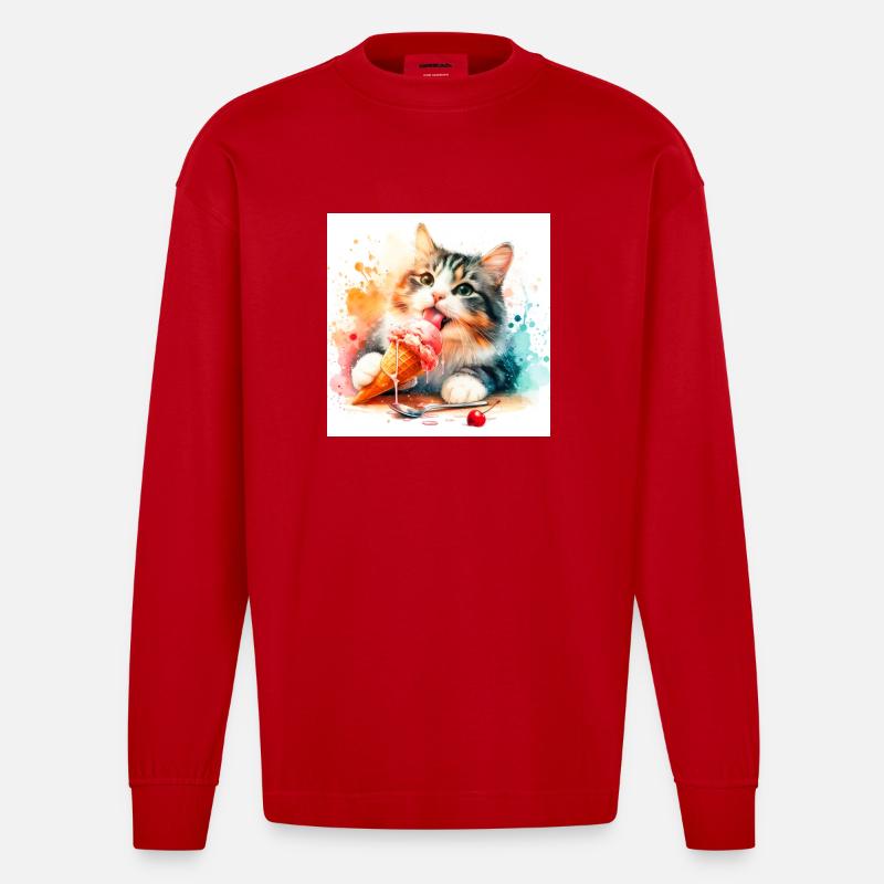 Kätzchen isst Eis - Heavyweight Oversized Organic Langarmshirt Made in EU - Rot