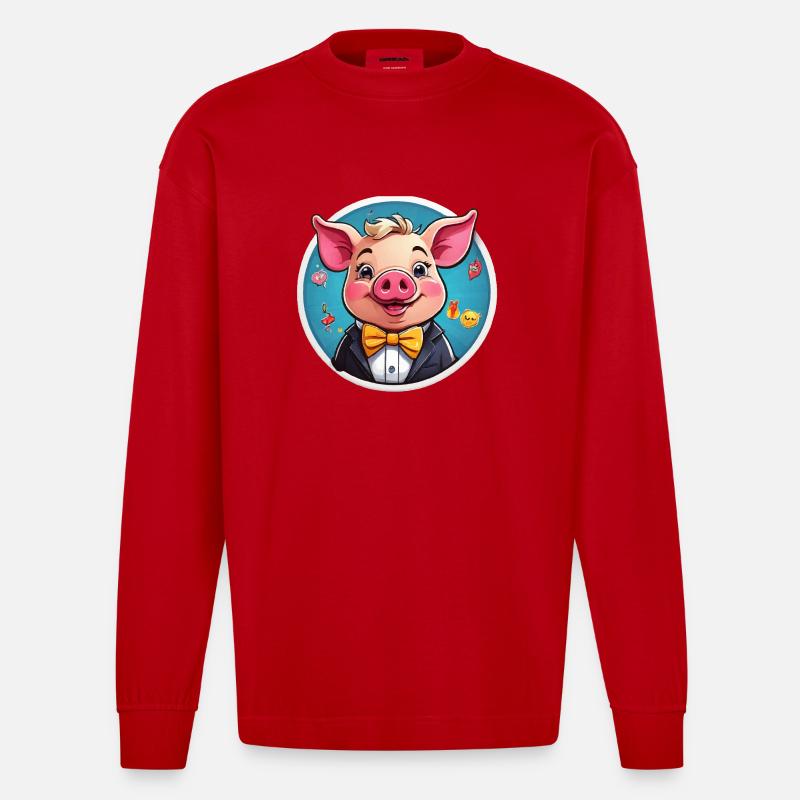 Bande dessinée cochon drôle - Manches longues bio épais oversize fabriqué en UE - rouge