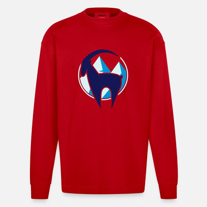 Steinbock und Gebirge Button - Heavyweight Oversized Organic Langarmshirt Made in EU - Rot