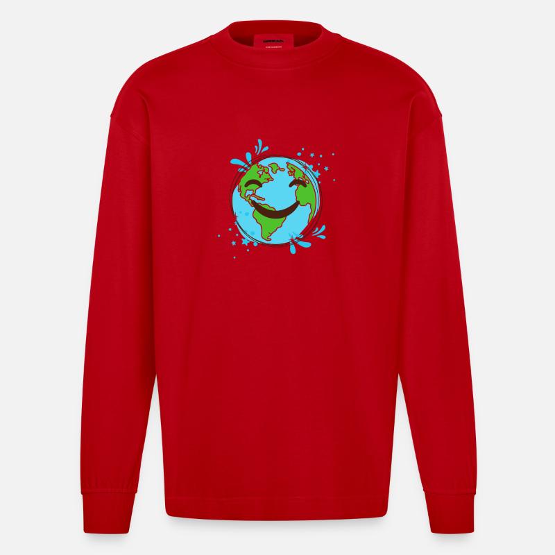 Terre Souriant design globe joyeux - Manches longues bio épais oversize fabriqué en UE - rouge