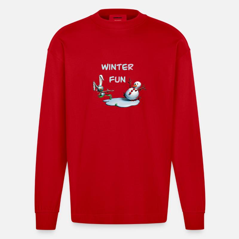 Winterspaß: Hase und Schneemann - Heavyweight Oversized Organic Langarmshirt Made in EU - Rot