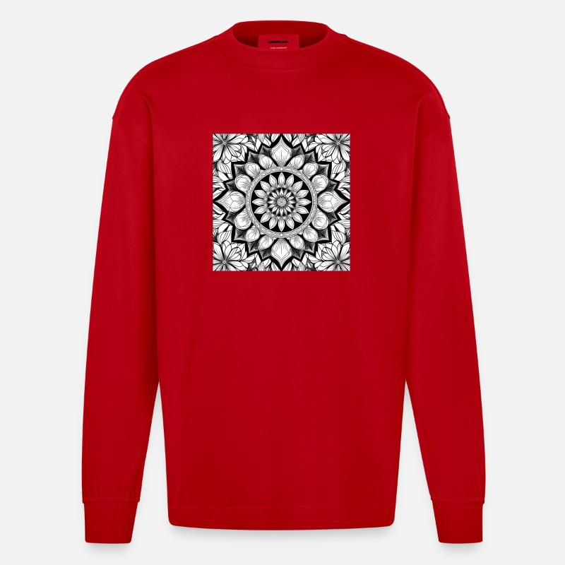 Blumenmuster Mandala Schwarz Weiß - Heavyweight Oversized Organic Langarmshirt Made in EU - Rot