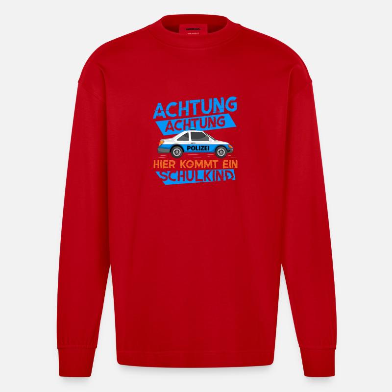 Polizeiauto mit Warnmeldung zum Schulstart - Heavyweight Oversized Organic Langarmshirt Made in EU - Rot