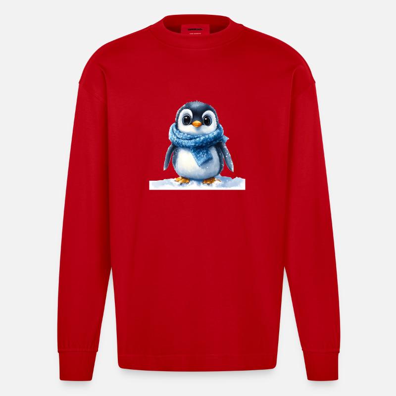 Pingouin mignon avec accessoire d’hiver - Manches longues bio épais oversize fabriqué en UE - rouge