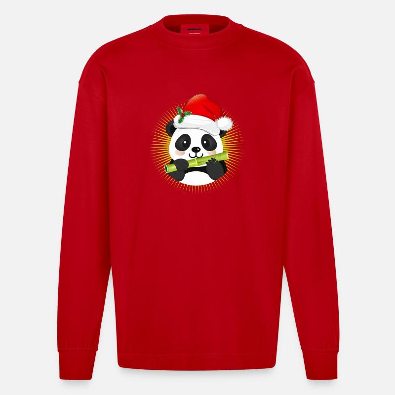 Panda mignon avec chapeau de Père Noël et bambou - Manches longues bio épais oversize fabriqué en UE - rouge