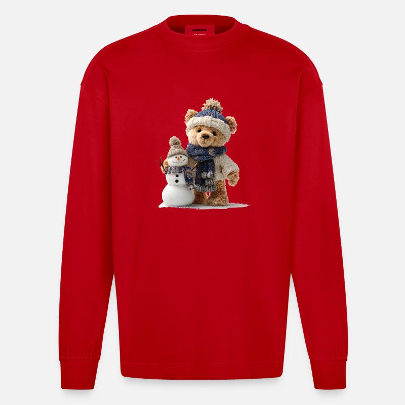 Teddybär baut einen Schneemann - Heavyweight Oversized Organic Langarmshirt Made in EU - Rot